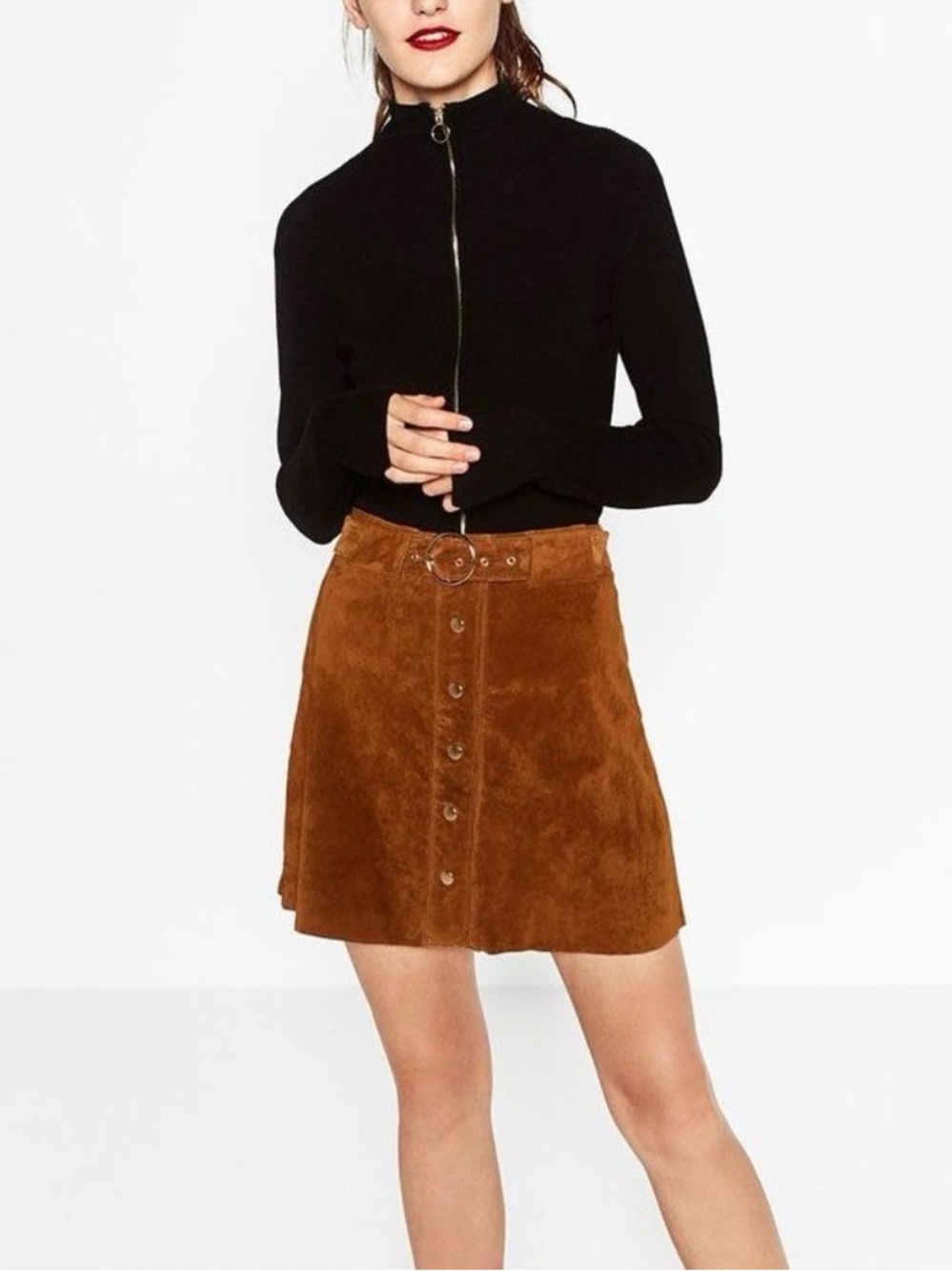 Zara Brown Suede Mini Skirt Belted Retro Boho A Line 70s Chic